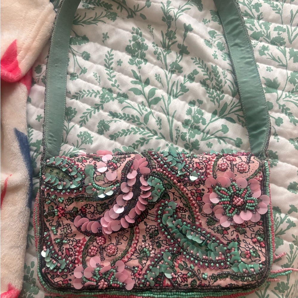 Beaded Pink & Mint Floral Sequin Shoulder Bag